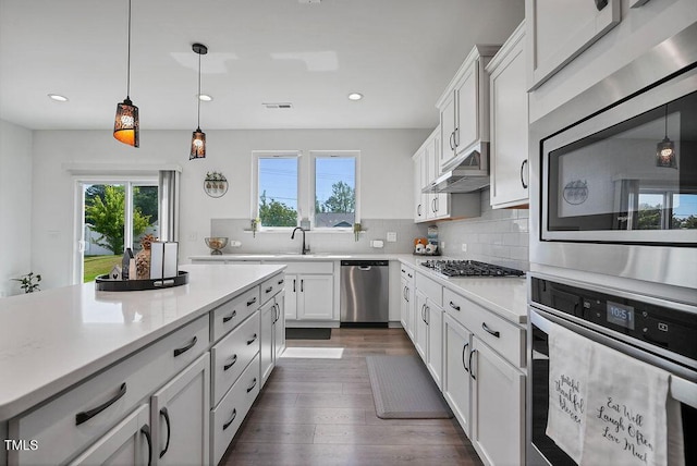 kitchen with appliances with stainless steel finishes, under cabinet range hood, light countertops, dark wood-type flooring, and recessed lighting