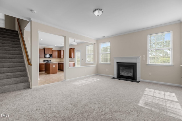 unfurnished living room with crown molding, baseboards, and a wealth of natural light