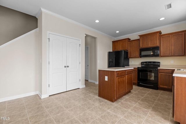kitchen with brown cabinets, crown molding, black appliances, and light countertops