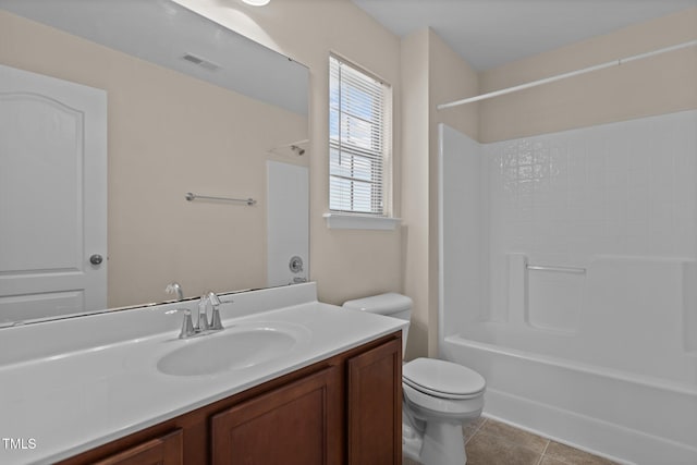 full bath featuring tile patterned flooring, visible vents, vanity, toilet, and  shower combination