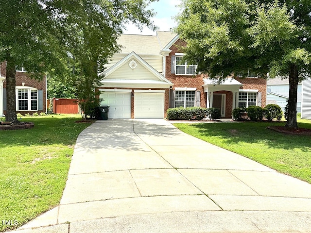 110 Bristolwood Cir, Morrisville, NC 27560 - traditional home with brick siding, a front yard, driveway, and a garage