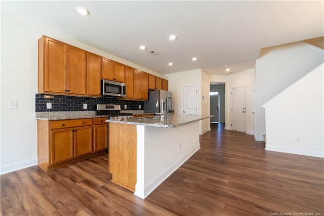 kitchen featuring tasteful backsplash, a kitchen island with sink, dark wood-style floors, and stainless steel appliances