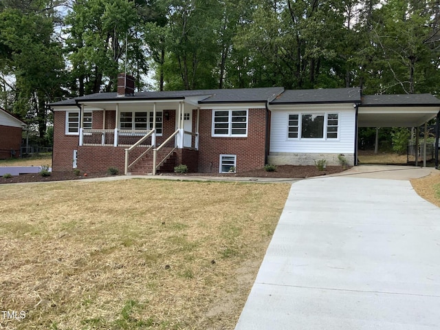 502 Burton St, Fuquay Varina, NC 27526 - ranch-style house with concrete driveway, a porch, a front yard, a carport, and a chimney