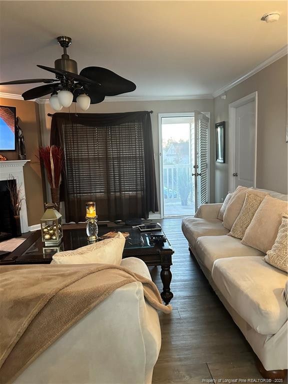 living room featuring crown molding, a fireplace, a ceiling fan, and wood finished floors