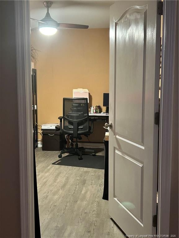 office area featuring ceiling fan and wood finished floors