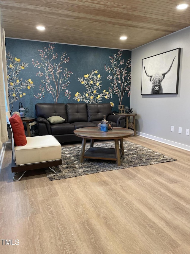 living area featuring wood ceiling, baseboards, recessed lighting, and wood finished floors