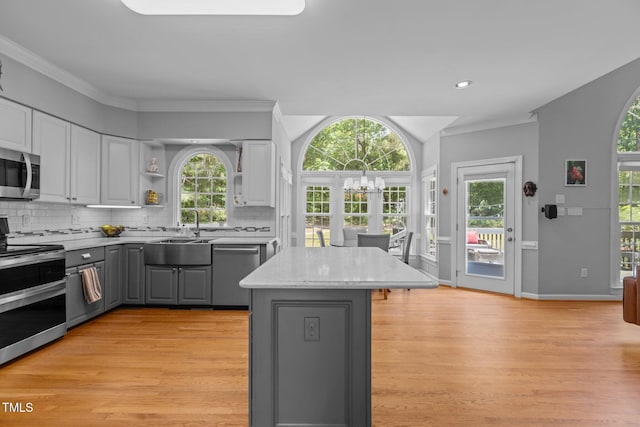 kitchen with backsplash, gray cabinetry, stainless steel appliances, and a sink