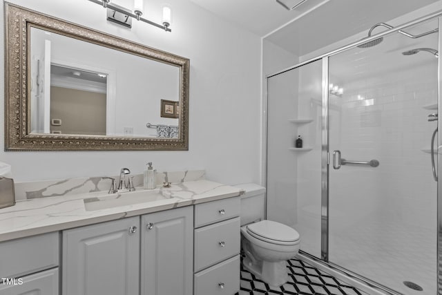 bathroom with a shower stall, vanity, and toilet