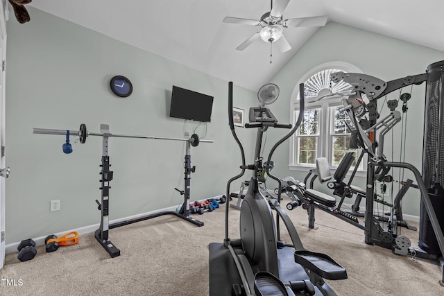 exercise room featuring a ceiling fan, lofted ceiling, and baseboards