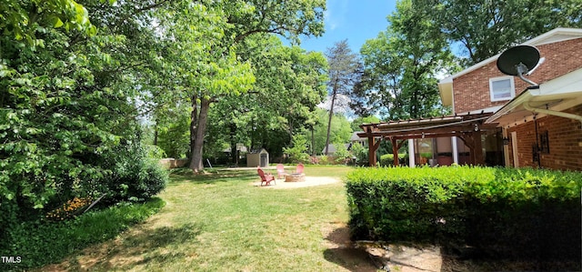 view of yard with a storage unit, an outdoor structure, and an outdoor fire pit