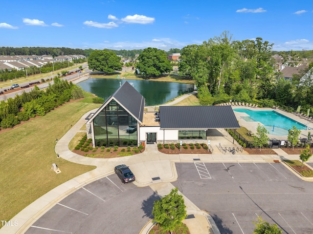 drone / aerial view with a water view