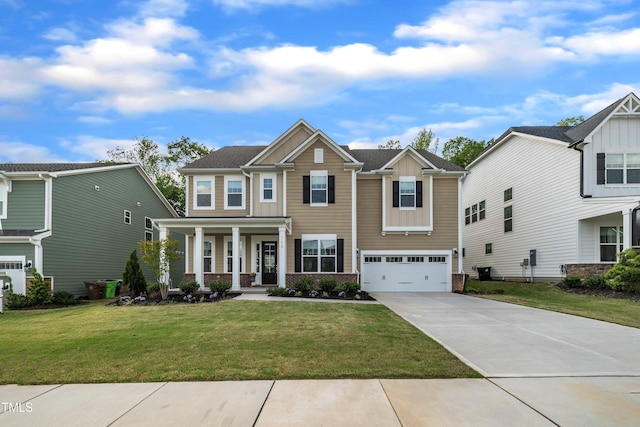 view of front of property featuring an attached garage, a front lawn, board and batten siding, a porch, and driveway