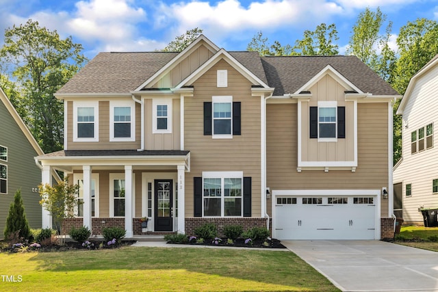 craftsman inspired home with an attached garage, board and batten siding, concrete driveway, and brick siding