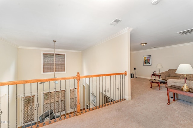 106 Jordan Creek Dr, Jamestown, NC 27282 - hallway featuring crown molding, visible vents, and carpet