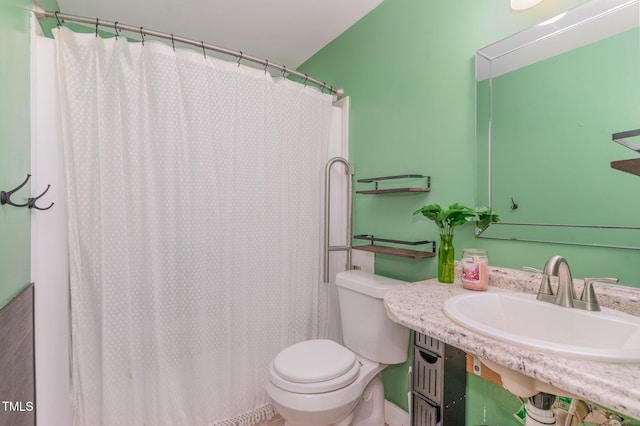 full bathroom featuring a shower with shower curtain, toilet, and a sink