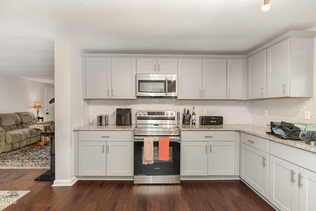 kitchen featuring decorative backsplash, dark wood-style flooring, open floor plan, light stone counters, and stainless steel appliances