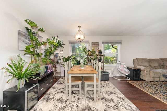 dining room with wood finished floors and a notable chandelier