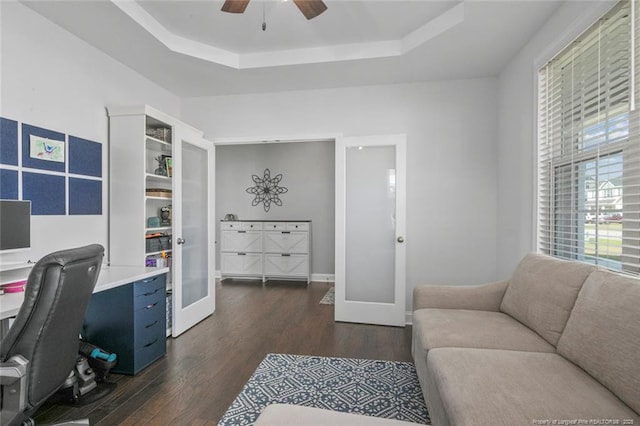 5113 Boxcut Ln, Hope Mills, NC 28348 - home office featuring french doors, a raised ceiling, dark wood-style flooring, and ceiling fan