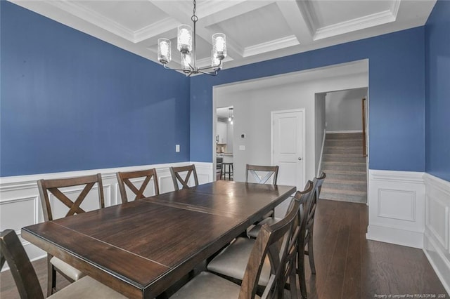5113 Boxcut Ln, Hope Mills, NC 28348 - dining space with coffered ceiling, a chandelier, dark wood finished floors, beam ceiling, and wainscoting