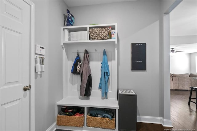5113 Boxcut Ln, Hope Mills, NC 28348 - mudroom featuring baseboards, wood finished floors, and a ceiling fan