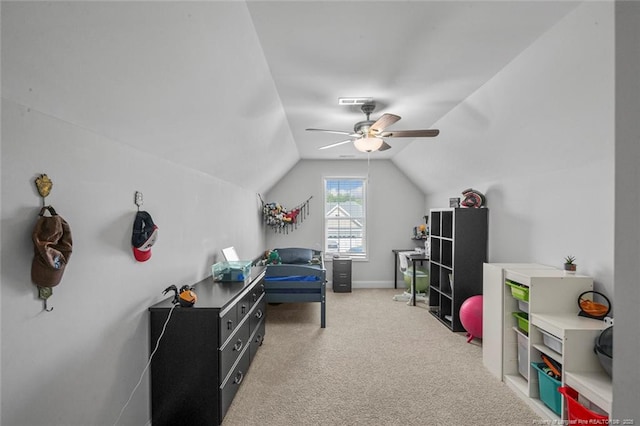 5113 Boxcut Ln, Hope Mills, NC 28348 - bedroom featuring vaulted ceiling, light colored carpet, and ceiling fan