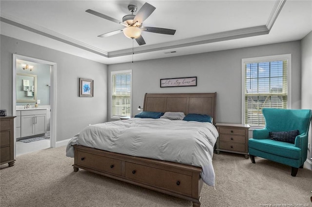 5113 Boxcut Ln, Hope Mills, NC 28348 - bedroom with a raised ceiling, light carpet, a sink, ornamental molding, and ceiling fan