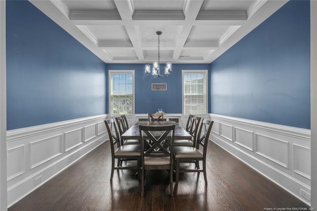 5113 Boxcut Ln, Hope Mills, NC 28348 - dining room featuring a chandelier, beam ceiling, dark wood-style flooring, a wainscoted wall, and coffered ceiling