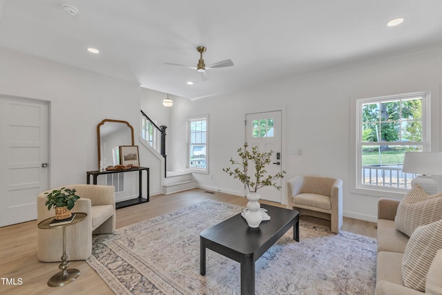 801 N Elm St, Durham, NC 27701 - living room featuring stairs, a ceiling fan, recessed lighting, and light wood-type flooring