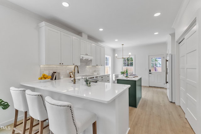 801 N Elm St, Durham, NC 27701 - kitchen featuring backsplash, a kitchen island, a sink, a peninsula, and under cabinet range hood