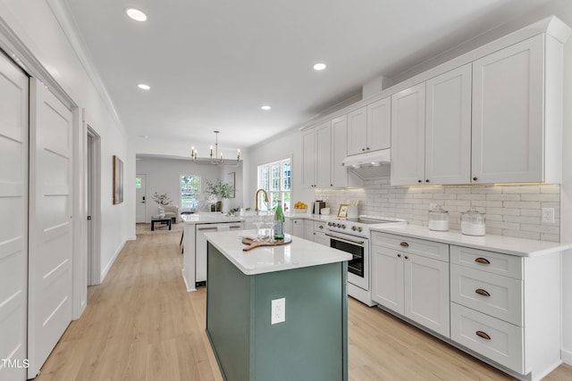 801 N Elm St, Durham, NC 27701 - kitchen with electric range, dishwasher, a peninsula, backsplash, and under cabinet range hood