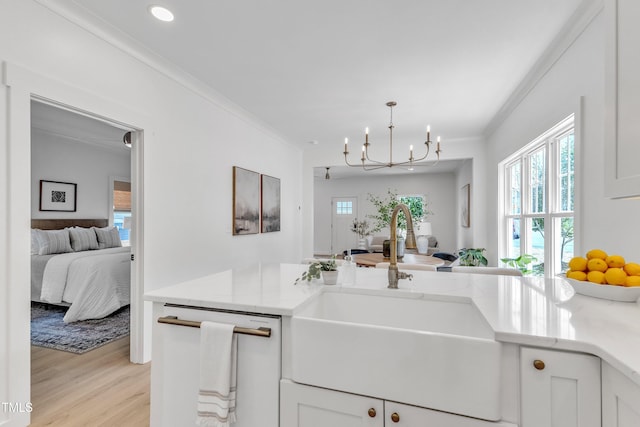 801 N Elm St, Durham, NC 27701 - kitchen with open floor plan, ornamental molding, a sink, and light wood-style flooring