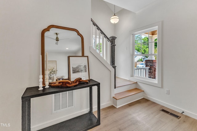 801 N Elm St, Durham, NC 27701 - entrance foyer with visible vents, baseboards, wood finished floors, and stairway