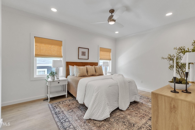801 N Elm St, Durham, NC 27701 - bedroom with light wood-style floors, baseboards, ceiling fan, and recessed lighting
