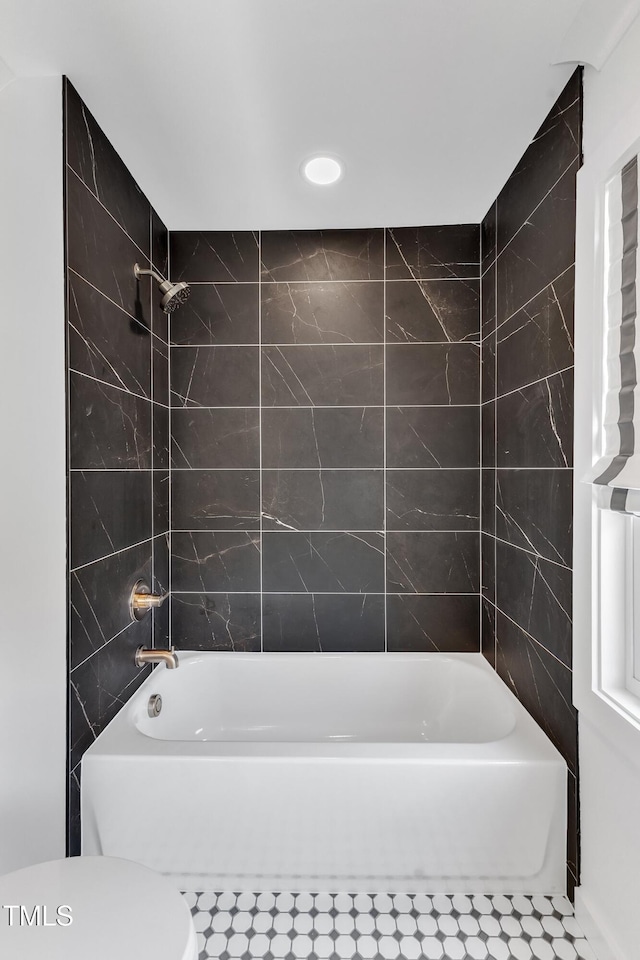 801 N Elm St, Durham, NC 27701 - full bathroom with recessed lighting, shower / bathtub combination, and toilet