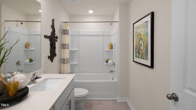 196 Ethel Ln, Angier, NC 27501 - bathroom with shower / tub combo, vanity, baseboards, toilet, and recessed lighting