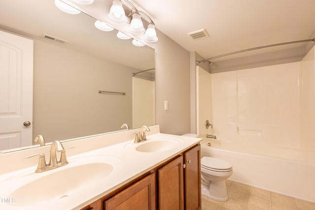 bathroom featuring a sink, toilet,  shower combination, and visible vents