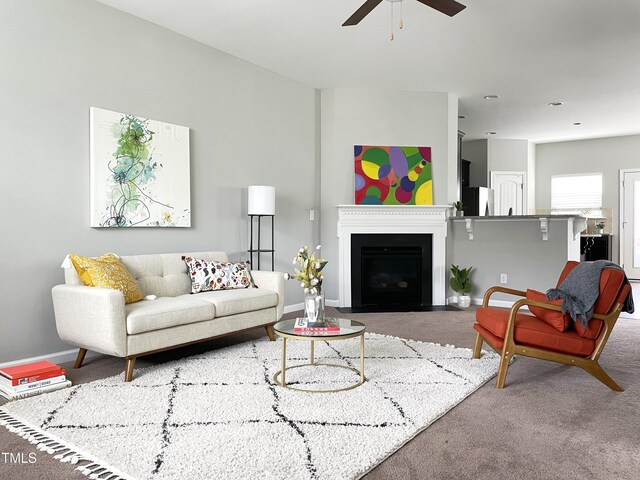 14 Prairie View Ct, Durham, NC 27703 - living area with carpet floors, ceiling fan, baseboards, and a fireplace with flush hearth