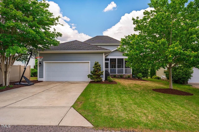 281 N Serenity Hill Cir, Chapel Hill, NC 27516 - view of front of house with concrete driveway, an attached garage, a sunroom, a shingled roof, and a front yard