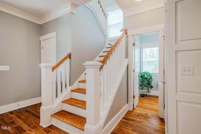 281 N Serenity Hill Cir, Chapel Hill, NC 27516 - staircase featuring crown molding, wood finished floors, and baseboards