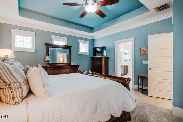 281 N Serenity Hill Cir, Chapel Hill, NC 27516 - carpeted bedroom with a raised ceiling, ceiling fan, and crown molding