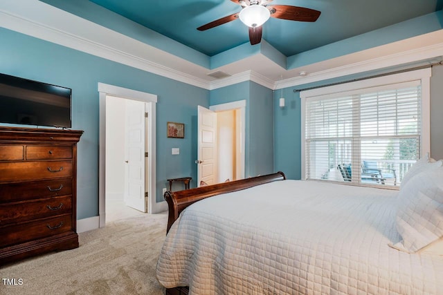 281 N Serenity Hill Cir, Chapel Hill, NC 27516 - bedroom with carpet floors, a raised ceiling, a ceiling fan, baseboards, and ornamental molding