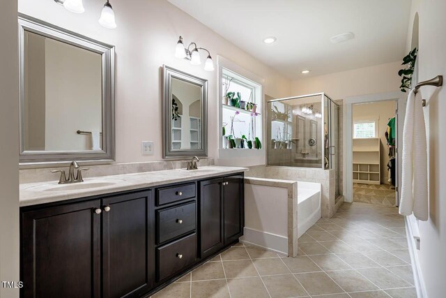 281 N Serenity Hill Cir, Chapel Hill, NC 27516 - bathroom featuring a stall shower, tile patterned flooring, double vanity, and a tub to relax in