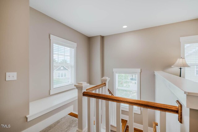 281 N Serenity Hill Cir, Chapel Hill, NC 27516 - hall featuring an upstairs landing, baseboards, and recessed lighting