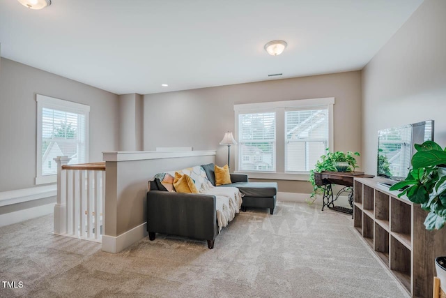 281 N Serenity Hill Cir, Chapel Hill, NC 27516 - living area featuring carpet flooring, an upstairs landing, and baseboards