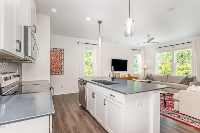 138 Rialto St, Chapel Hill, NC 27516 - kitchen with a sink, dark wood-style floors, open floor plan, and stainless steel appliances