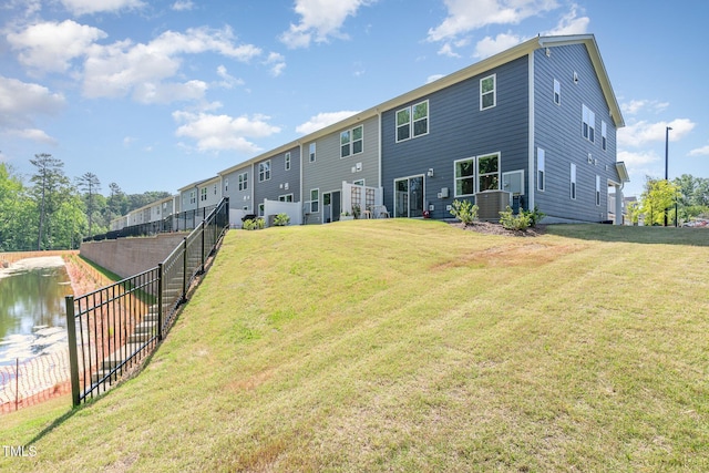 138 Rialto St, Chapel Hill, NC 27516 - rear view of house featuring central AC unit, fence, and a water view