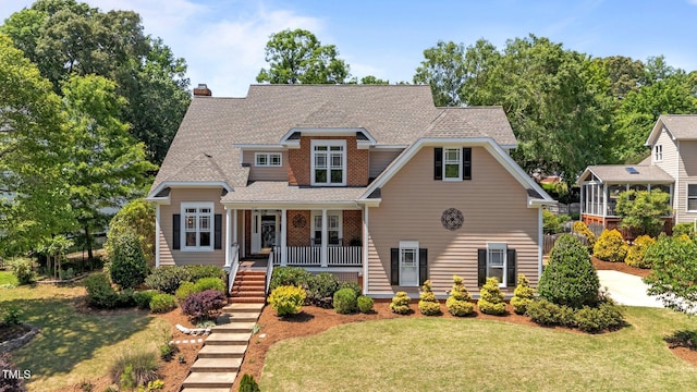 view of front of home featuring stairs, a chimney, a porch, and a front lawn