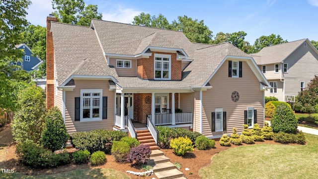 view of front of house with roof with shingles, a chimney, a porch, and a front lawn