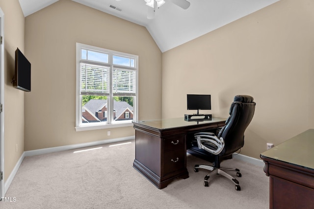 office with baseboards, carpet flooring, ceiling fan, and lofted ceiling