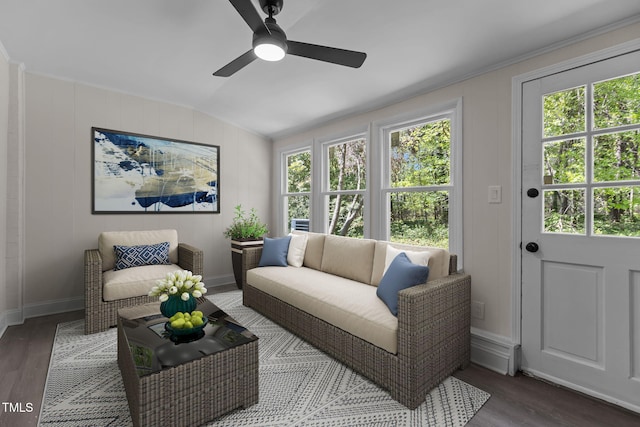 1304 Seaton Rd Unit 24, Durham, NC 27713 - living area with a wealth of natural light, vaulted ceiling, wood finished floors, and a ceiling fan